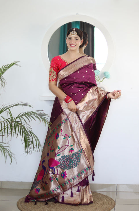 VastraLakshmi Invaluable Wine Paithani Silk Saree With Mesmerising Blouse Piece