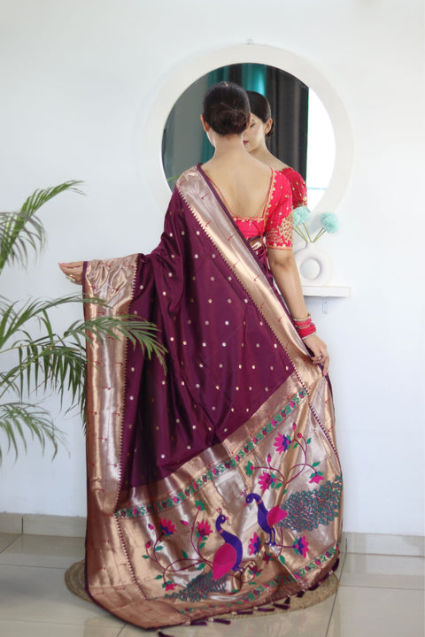 VastraLakshmi Invaluable Wine Paithani Silk Saree With Mesmerising Blouse Piece