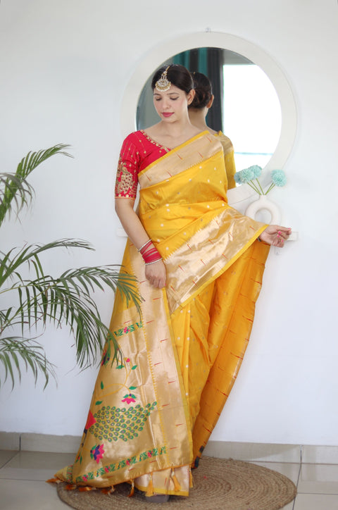 VastraLakshmi Lovely Yellow Paithani Silk Saree With Gorgeous Blouse Piece