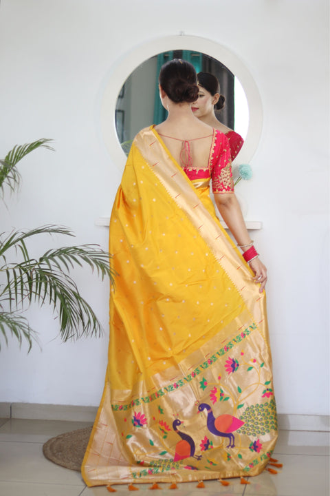 VastraLakshmi Lovely Yellow Paithani Silk Saree With Gorgeous Blouse Piece