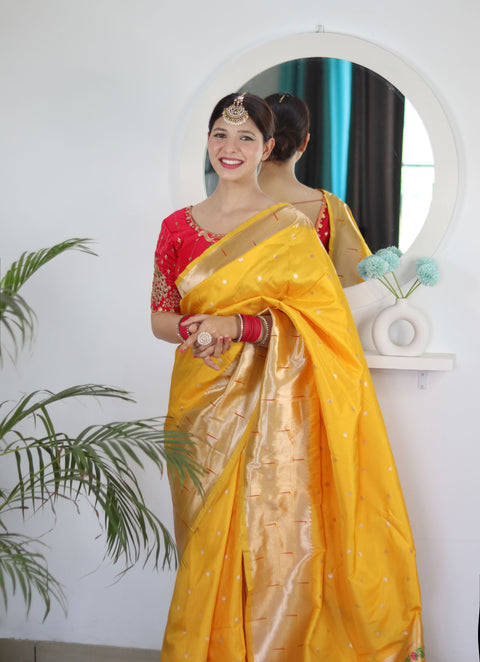 VastraLakshmi Lovely Yellow Paithani Silk Saree With Gorgeous Blouse Piece