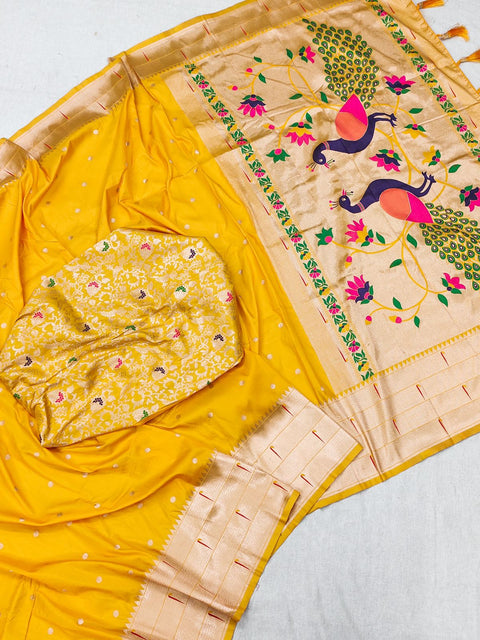 VastraLakshmi Lovely Yellow Paithani Silk Saree With Gorgeous Blouse Piece