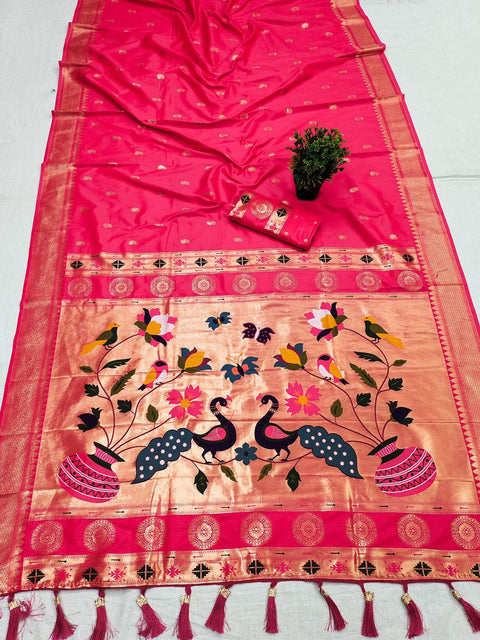 VastraLakshmi Opulent Dark Pink Paithani Silk Saree With Twirling Blouse Piece