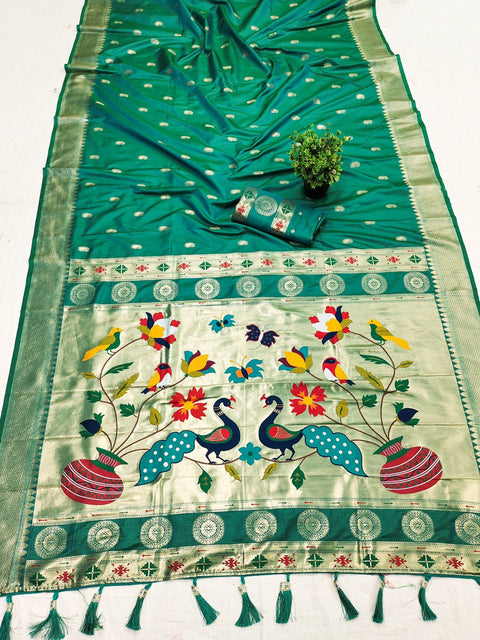 VastraLakshmi Traditional Green Paithani Silk Saree With Dalliance Blouse Piece