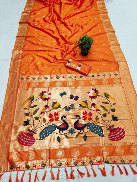 VastraLakshmi Confounding Orange Paithani Silk Saree With Fantabulous Blouse Piece