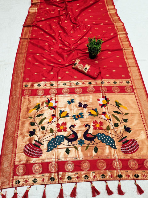 VastraLakshmi Rhapsody Red Paithani Silk Saree With Imaginative Blouse Piece