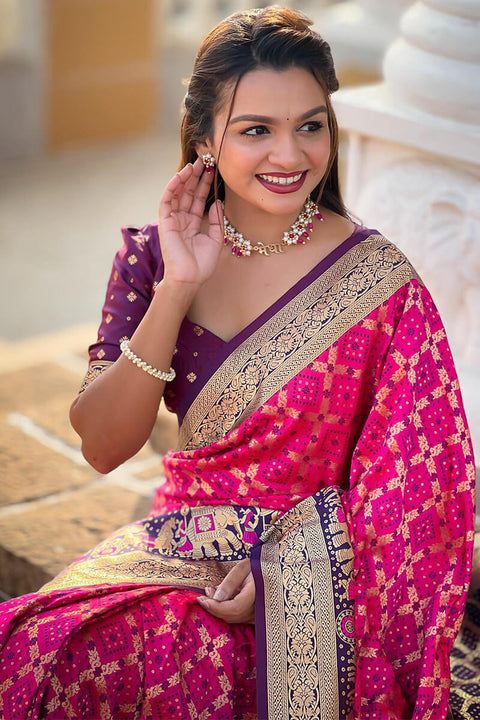 VastraLakshmi Sizzling Dark Pink Patola Silk Saree with Wonderful Blouse Piece