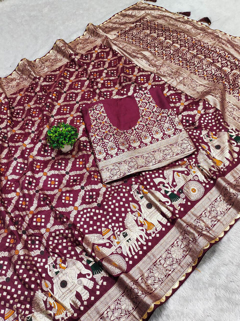 VastraLakshmi Stunner Wine Soft Banarasi Silk Saree With Enticing Blouse Piece