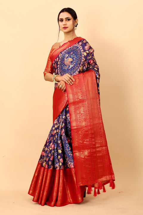 VastraLakshmi Impressive Royal Blue Kalamkari Printed Saree With Preferable Blouse Piece