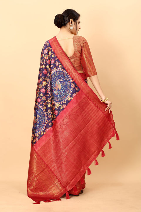 VastraLakshmi Impressive Royal Blue Kalamkari Printed Saree With Preferable Blouse Piece