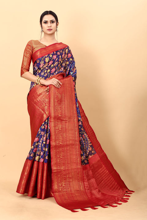 VastraLakshmi Impressive Royal Blue Kalamkari Printed Saree With Preferable Blouse Piece