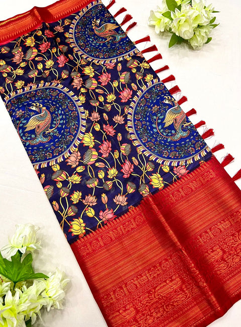 VastraLakshmi Impressive Royal Blue Kalamkari Printed Saree With Preferable Blouse Piece