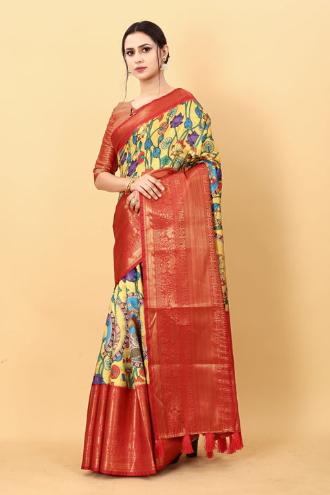 VastraLakshmi Ideal Yellow Kalamkari Printed Saree With Effervescent Blouse Piece