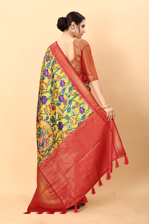 VastraLakshmi Ideal Yellow Kalamkari Printed Saree With Effervescent Blouse Piece