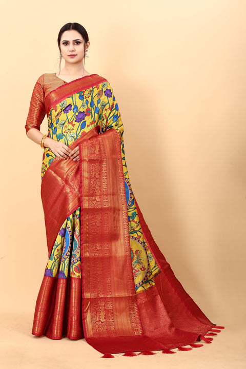 VastraLakshmi Ideal Yellow Kalamkari Printed Saree With Effervescent Blouse Piece