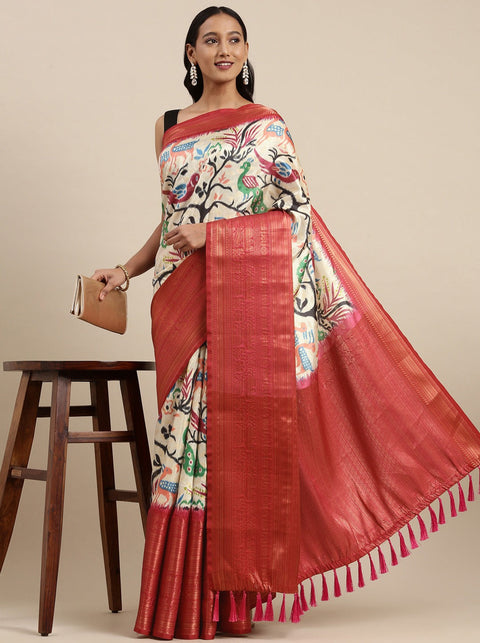 VastraLakshmi Elegant Beige Kalamkari Printed Saree With Outstanding Blouse Piece