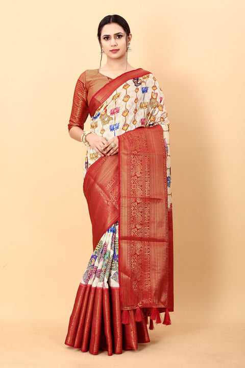 VastraLakshmi Dissemble Beige Kalamkari Printed Saree With Sempiternal Blouse Piece