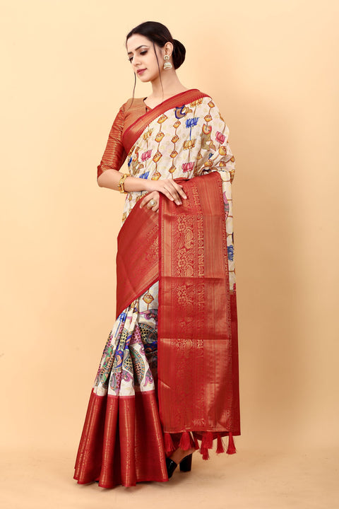 VastraLakshmi Dissemble Beige Kalamkari Printed Saree With Sempiternal Blouse Piece