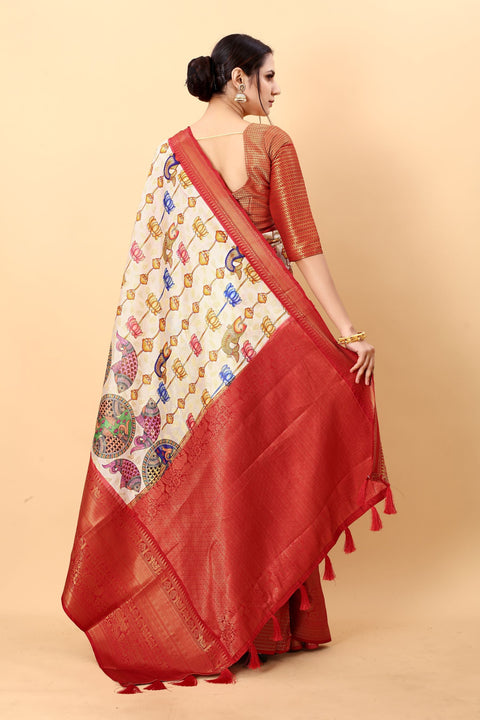 VastraLakshmi Dissemble Beige Kalamkari Printed Saree With Sempiternal Blouse Piece