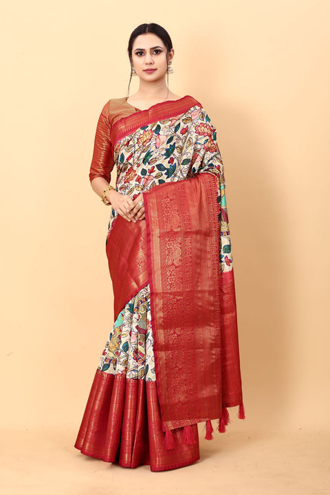 VastraLakshmi Amiable Beige Kalamkari Printed Saree With Symmetrical Blouse Piece