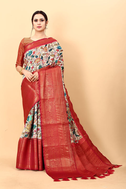 VastraLakshmi Amiable Beige Kalamkari Printed Saree With Symmetrical Blouse Piece