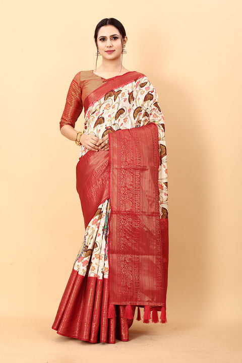 VastraLakshmi Magnetic Beige Kalamkari Printed Saree With Redolent Blouse Piece