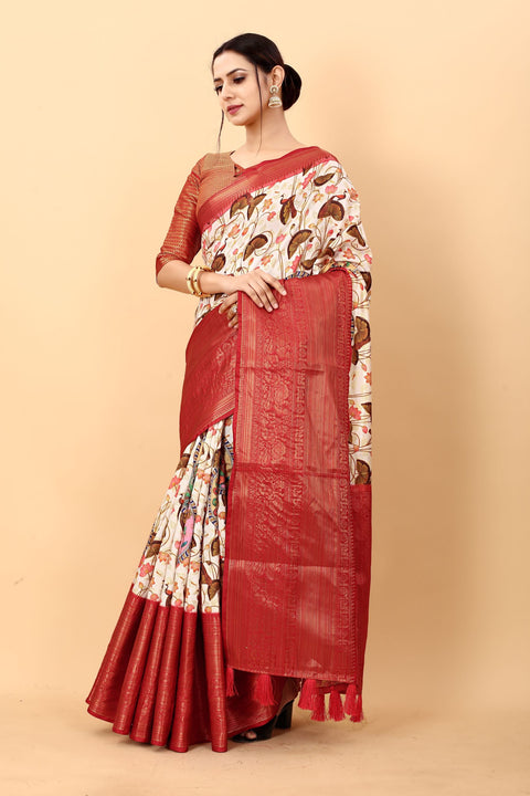 VastraLakshmi Magnetic Beige Kalamkari Printed Saree With Redolent Blouse Piece