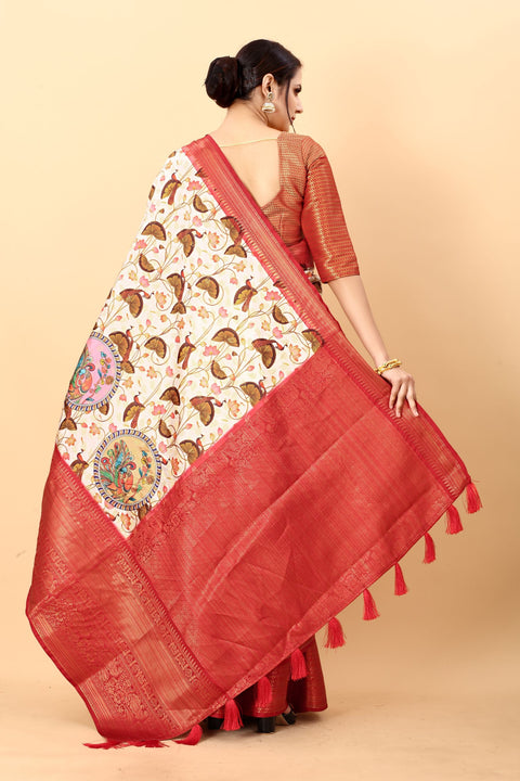 VastraLakshmi Magnetic Beige Kalamkari Printed Saree With Redolent Blouse Piece