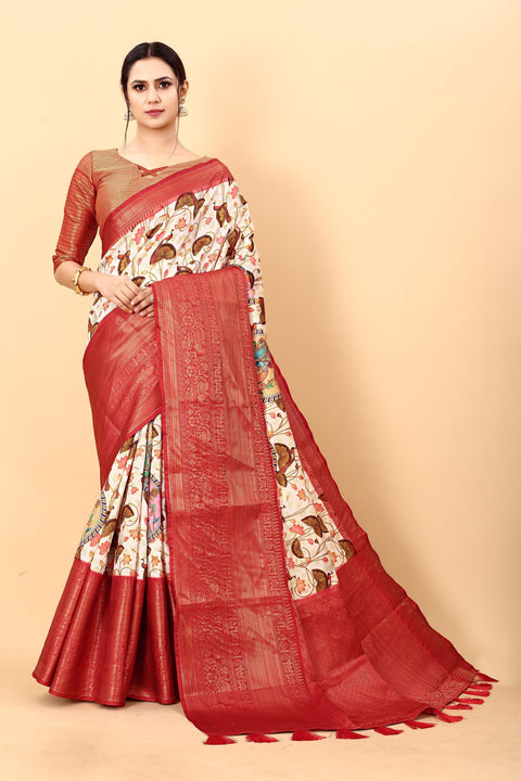 VastraLakshmi Magnetic Beige Kalamkari Printed Saree With Redolent Blouse Piece