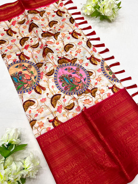 VastraLakshmi Magnetic Beige Kalamkari Printed Saree With Redolent Blouse Piece