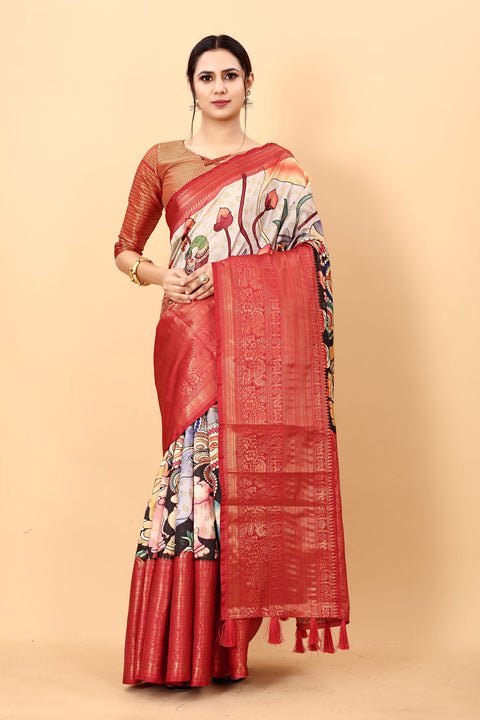 VastraLakshmi Panoply Beige Kalamkari Printed Saree With Eloquence Blouse Piece