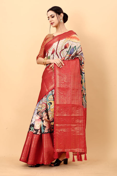 VastraLakshmi Panoply Beige Kalamkari Printed Saree With Eloquence Blouse Piece