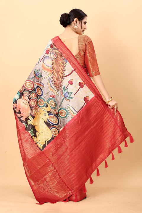 VastraLakshmi Panoply Beige Kalamkari Printed Saree With Eloquence Blouse Piece