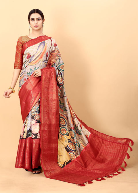 VastraLakshmi Panoply Beige Kalamkari Printed Saree With Eloquence Blouse Piece