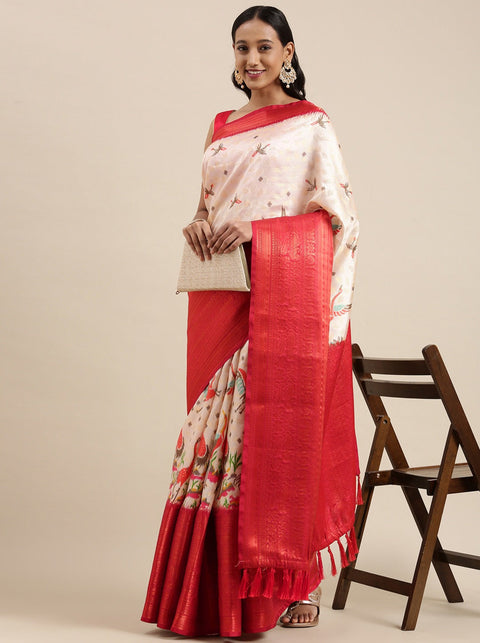 VastraLakshmi Captivating Off White Kalamkari Printed Saree With Blissful Blouse Piece