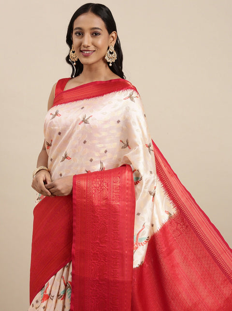 VastraLakshmi Captivating Off White Kalamkari Printed Saree With Blissful Blouse Piece