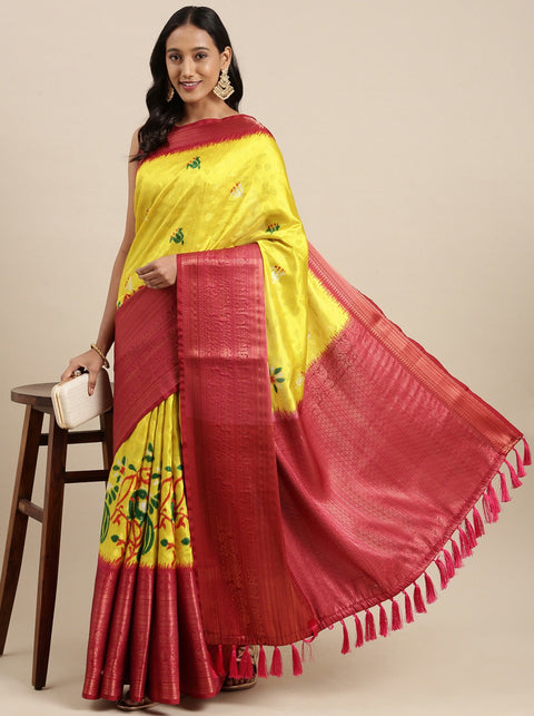 VastraLakshmi Majesty Yellow Kalamkari Printed Saree With Entrancing Blouse Piece