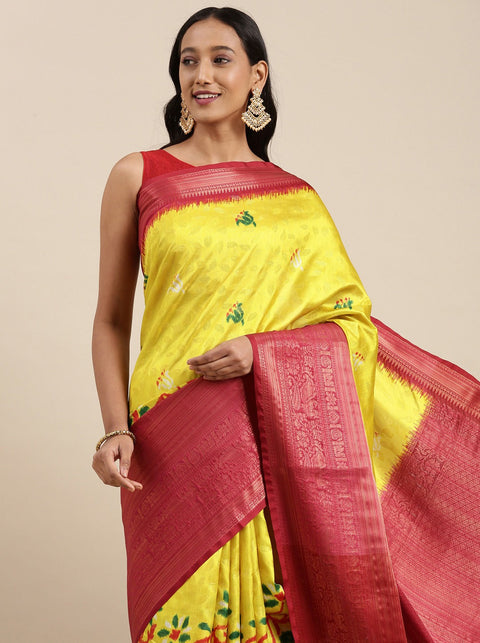 VastraLakshmi Majesty Yellow Kalamkari Printed Saree With Entrancing Blouse Piece