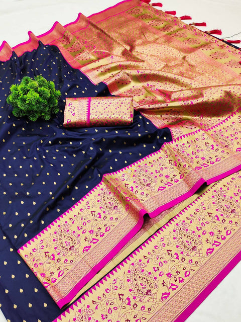 VastraLakshmi Adorable Navy Blue Soft Banarasi Silk Saree With Radiant Blouse Piece