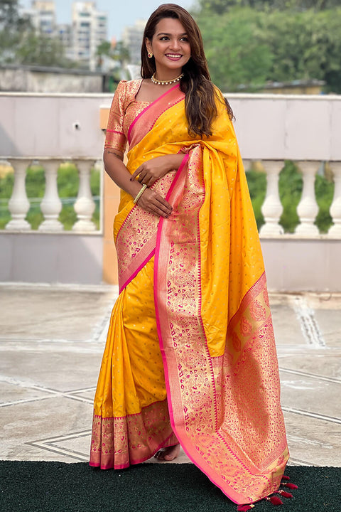 VastraLakshmi Mesmeric Yellow Soft Banarasi Silk Saree With Twirling Blouse Piece