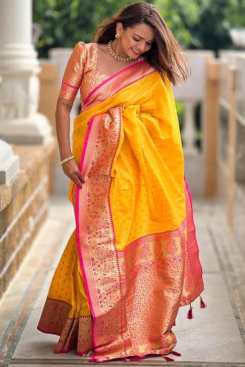 VastraLakshmi Mesmeric Yellow Soft Banarasi Silk Saree With Twirling Blouse Piece