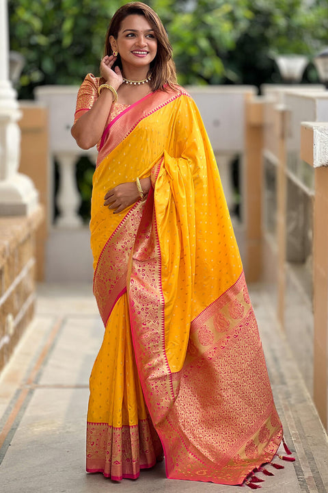 VastraLakshmi Mesmeric Yellow Soft Banarasi Silk Saree With Twirling Blouse Piece