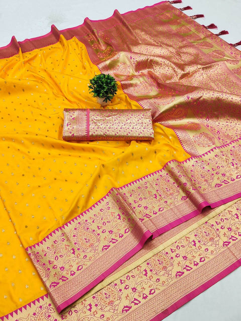 VastraLakshmi Mesmeric Yellow Soft Banarasi Silk Saree With Twirling Blouse Piece