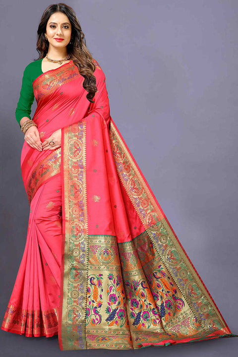 VastraLakshmi Eloquence Pink Paithani Silk Saree With Ailurophile Blouse Piece