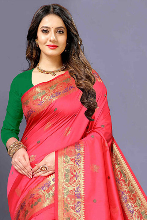 VastraLakshmi Eloquence Pink Paithani Silk Saree With Ailurophile Blouse Piece