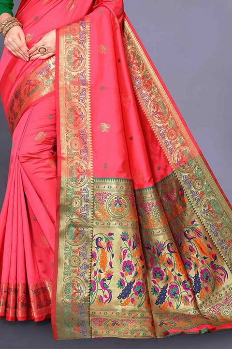 VastraLakshmi Eloquence Pink Paithani Silk Saree With Ailurophile Blouse Piece