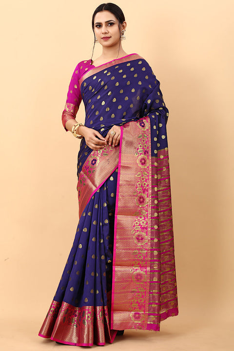 VastraLakshmi Exquisite Navy Blue Soft Banarasi Silk Saree With Panache Blouse Piece