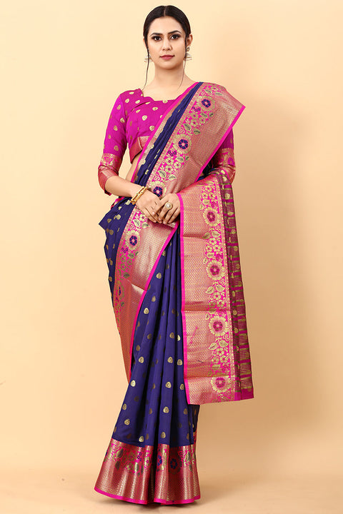 VastraLakshmi Exquisite Navy Blue Soft Banarasi Silk Saree With Panache Blouse Piece