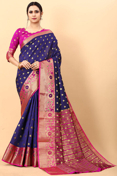 VastraLakshmi Exquisite Navy Blue Soft Banarasi Silk Saree With Panache Blouse Piece