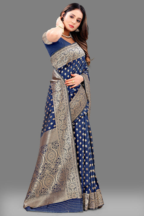 VastraLakshmi Efflorescence Navy Blue Soft Banarasi Silk Saree With Excellent Blouse Piece